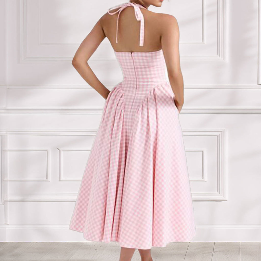 French Sweet Halter Strap Sexy V neck Backless Strap Dress
