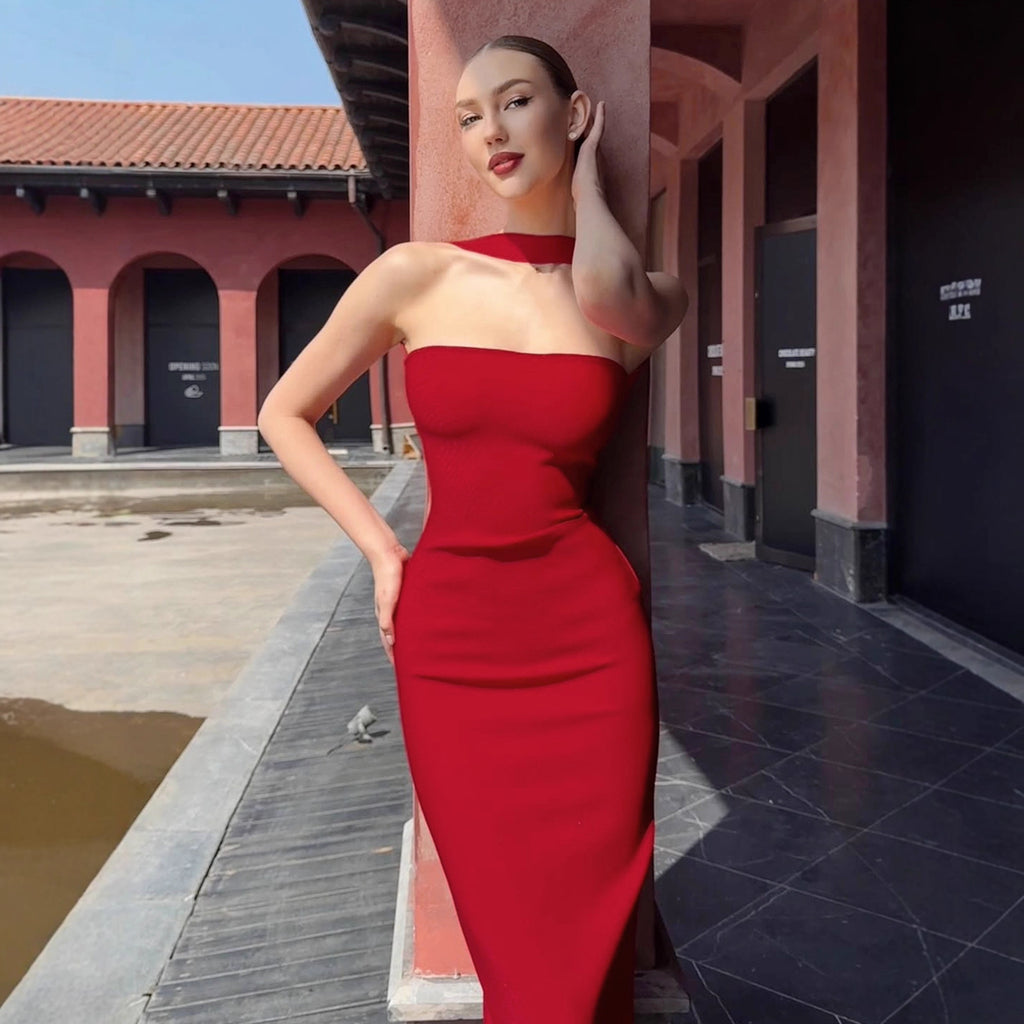 Women Tube Top off the Shoulder Collar French Halter Backless Slim Hip Split Dress