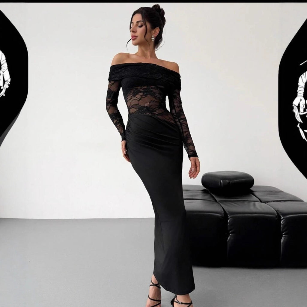 Hollow Out Cutout out Summer off-Shoulder Lace Maxi Dress Long Sleeve High Grade Sexy Sheath Dress Women Clothing