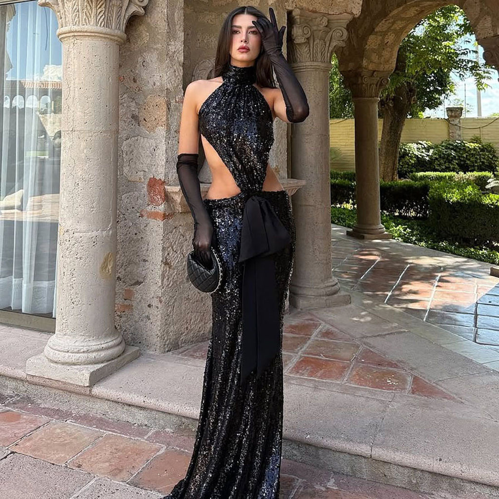 Autumn Winter Sexy Backless Hollow Out Cutout out Stitching Maxi Dress Elegant Sequ Dress