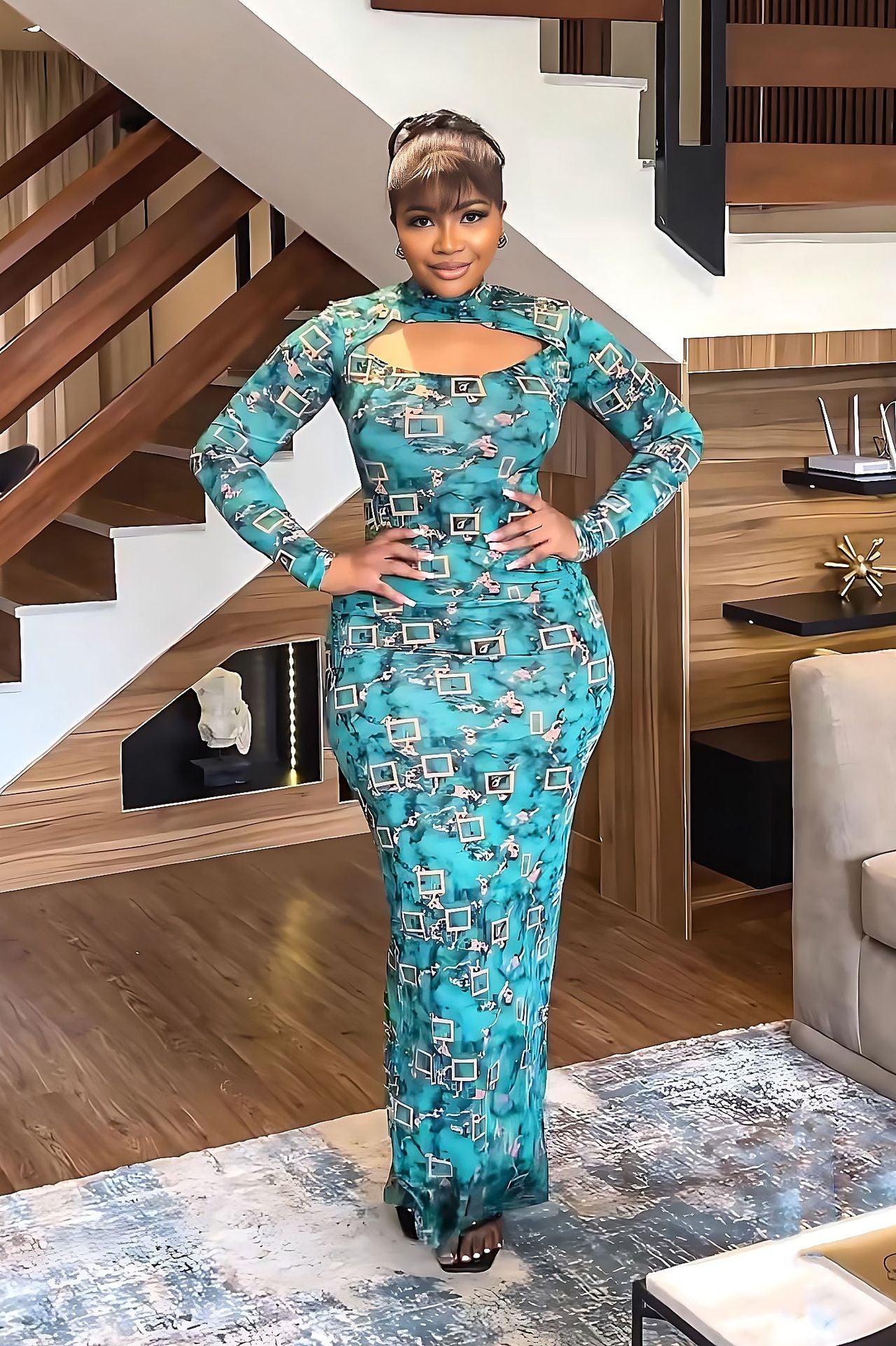 Elegant Turtleneck Long Sleeve Slim Women Clothing Split Print Maxi Dress