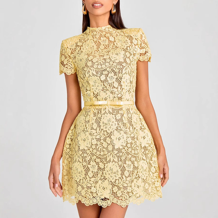 Summer Sexy See through Lace Lace Yellow round Neck Dress