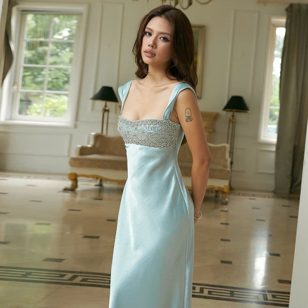 Vestido largo ajustado con tirantes y espalda descubierta para mujer, elegante, con cintura de diamantes de imitación, para otoño e invierno