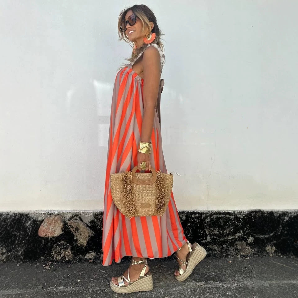 Striped Print Loose A Hem Color Matching Sling Maxi Dress