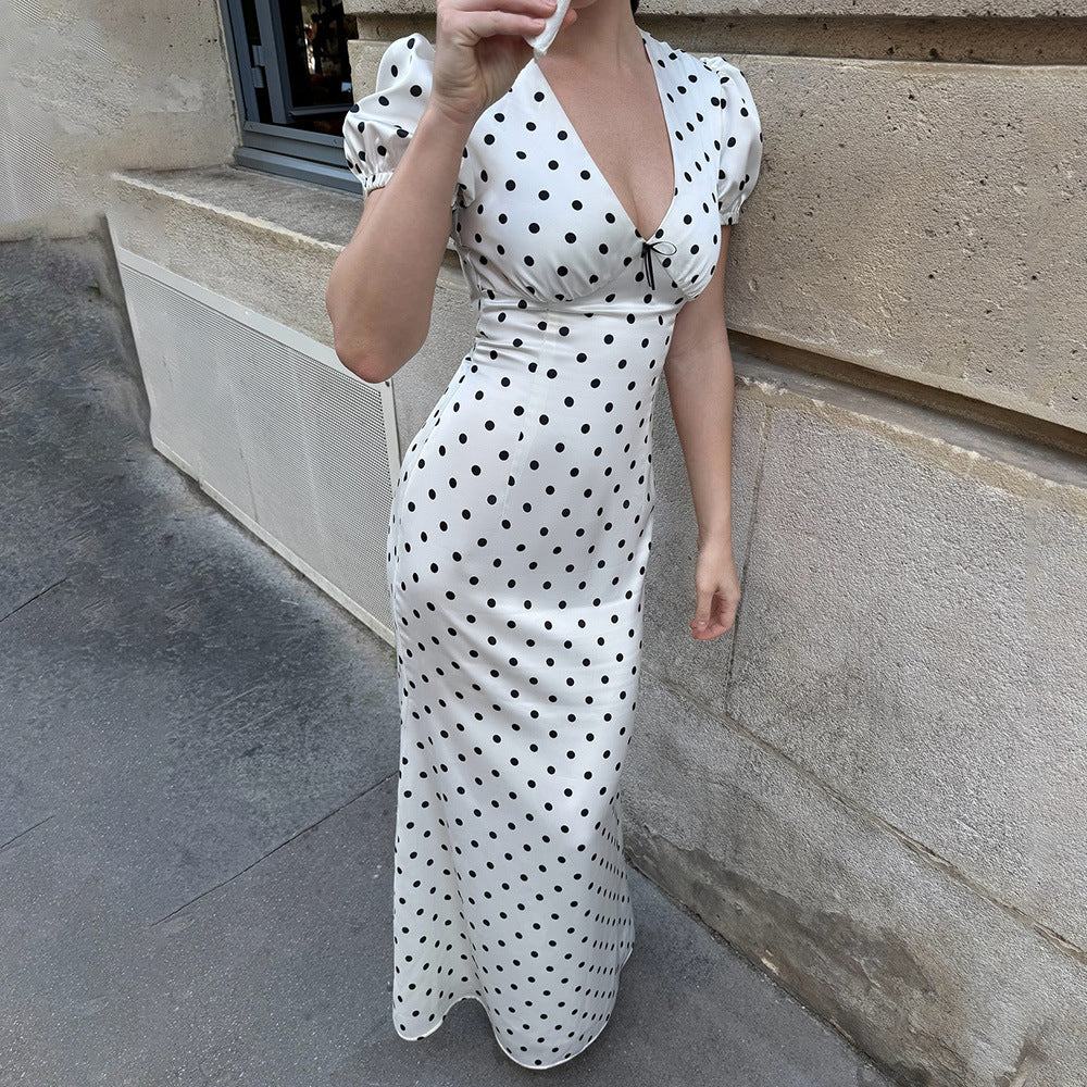 Vestido largo elegante, sexy y ajustado con escote en V, cintura controlada, encaje, mangas abullonadas y lunares