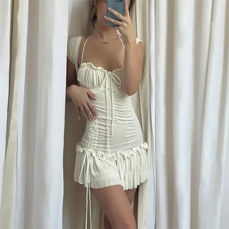 Vestido plisado de manga corta con cuello halter, cuello cuadrado, corte bajo, estilo francés, sexy, de verano para mujer