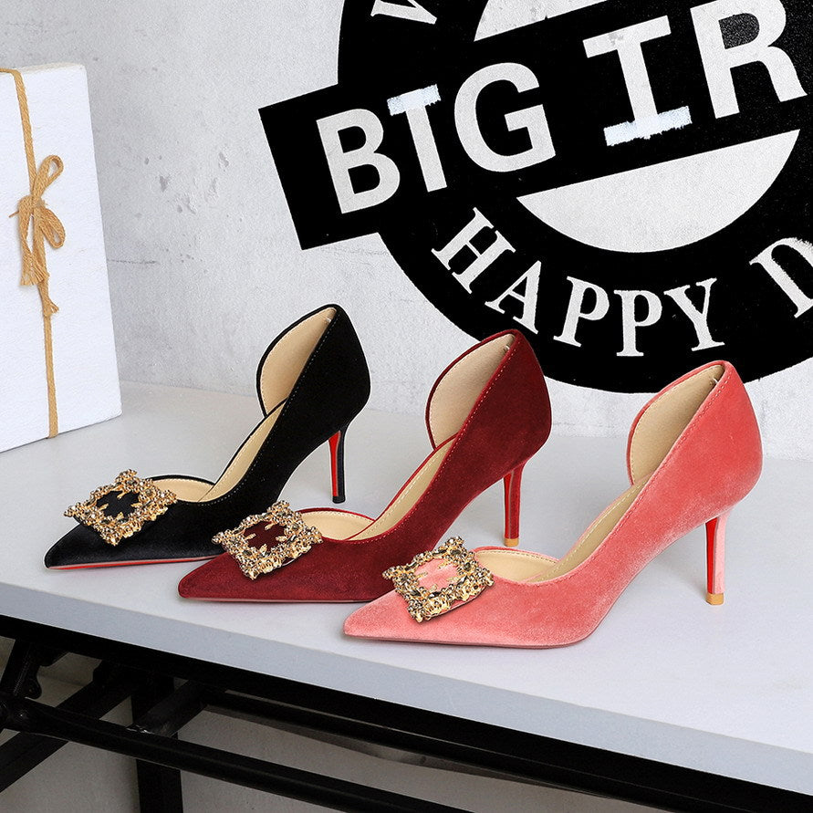 Women Super High Heel Sexy Pointed Toe Rhinestone Square Buckle Stiletto Women Shoes