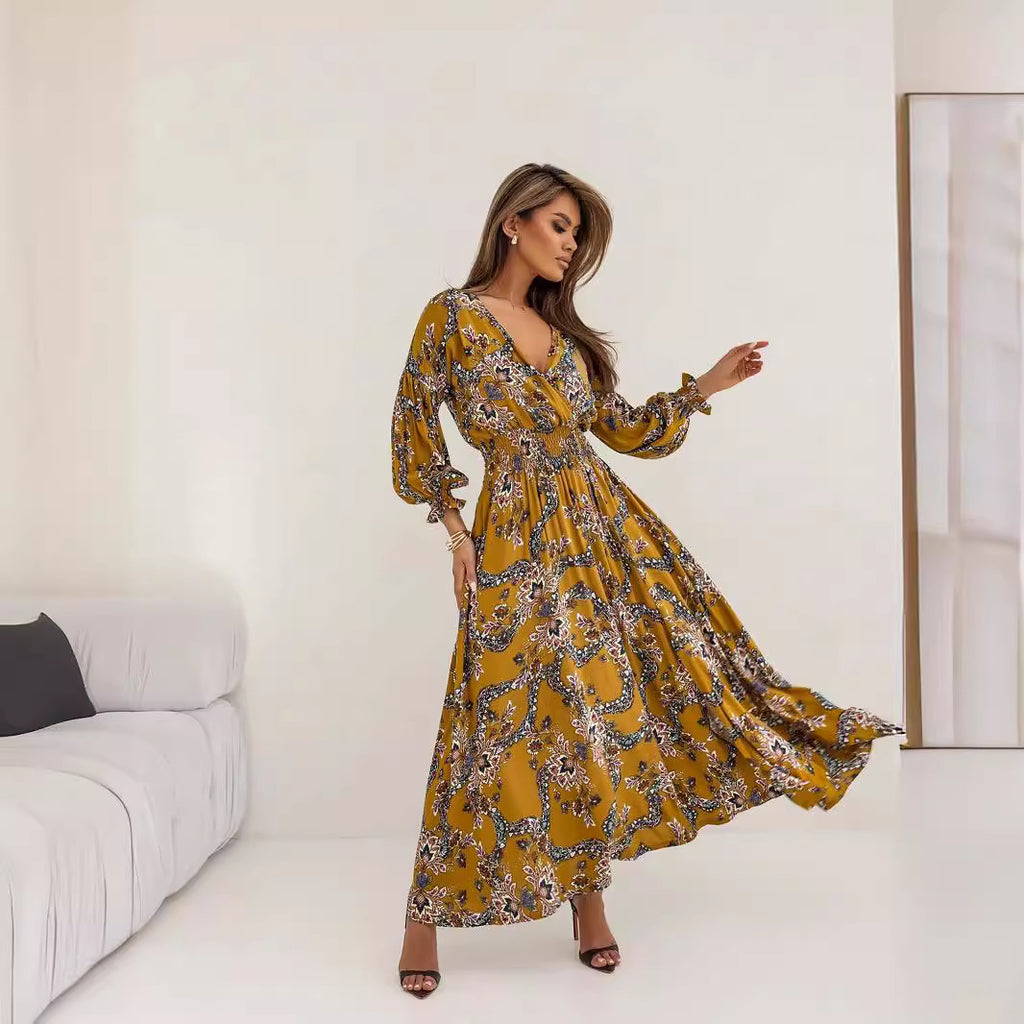 Vêtements pour femmes Robe imprimée à col en V et manches longues fendues sexy