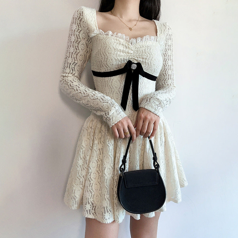 Robe moulante trapèze à nœud et coutures en dentelle pour femme, automne, petite robe courte sexy