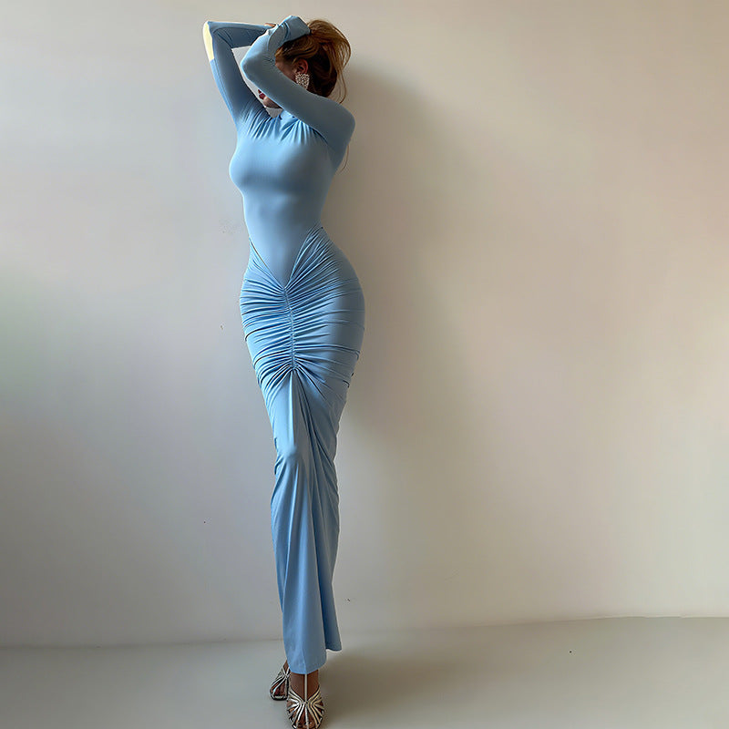 Robe d'automne élégante et cintrée à col roulé plissé et manches longues, couleur unie, pour femme