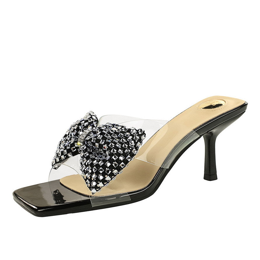Rhinestone Bow Square Toe Open Toe Slippers Transparent Slip on Stiletto Heel Outdoor Slippers