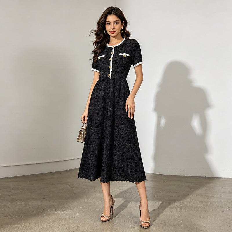 Maxi Dress Summer Elegant Socialite Retro Cinched Slimming Short Sleeves Knitted Dress for Women
