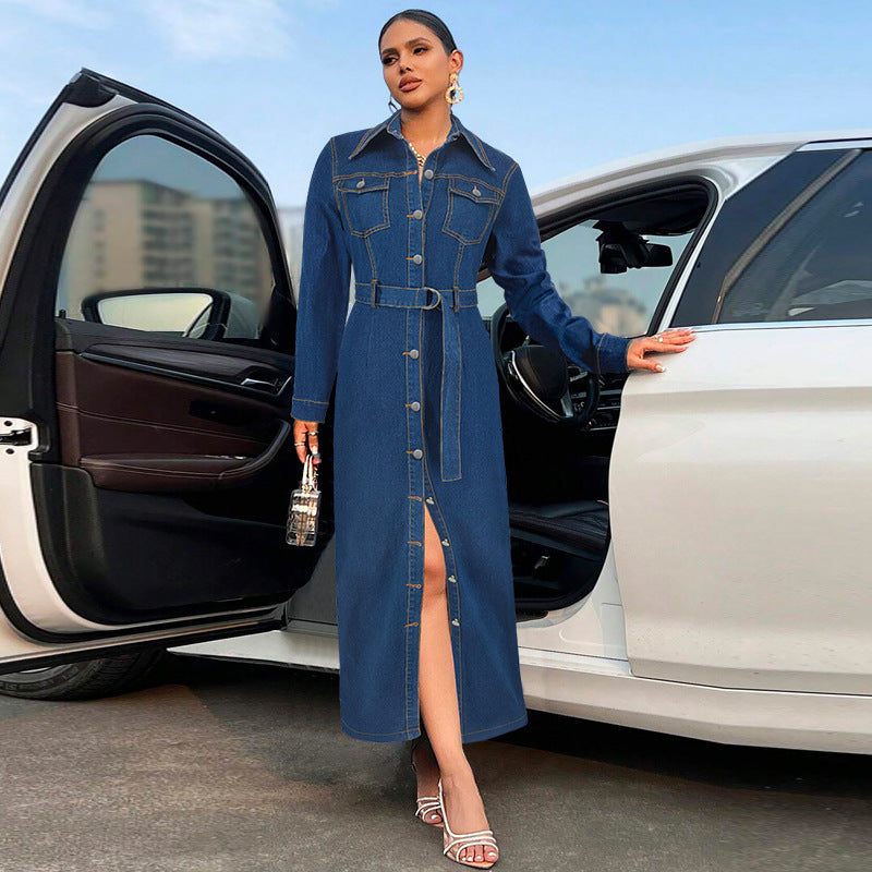 Women Clothing Denim Collared Cardigan Button Long Sleeve Long Coat Dress