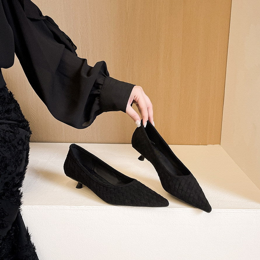 Professional Low Heel Comfortable Women Shoes Woven Suede Pointed Slip on Shallow Mouth Pumps
