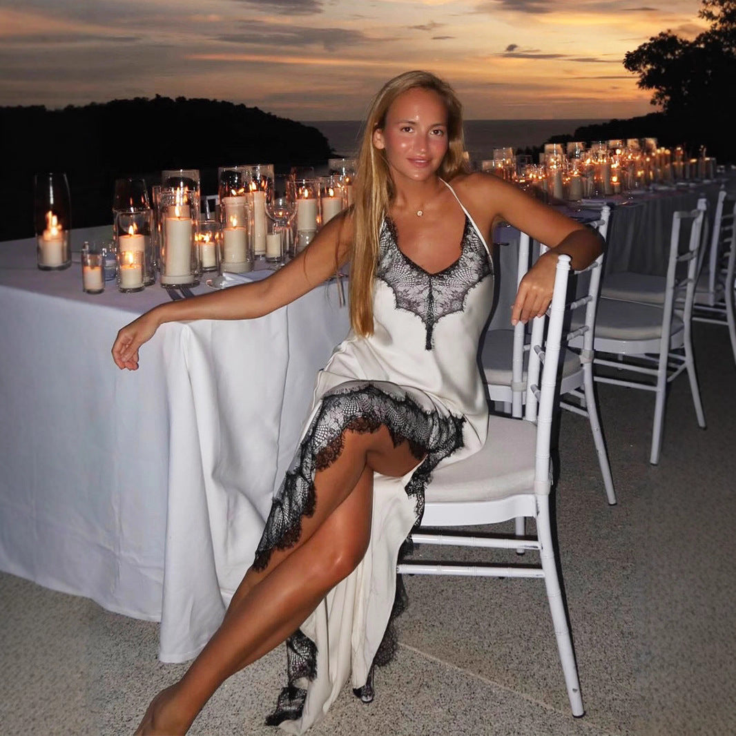 Lace Spaghetti Strap Maxi Dress Summer Artificial Silk Sexy Slit Stitching Lace Dress Women