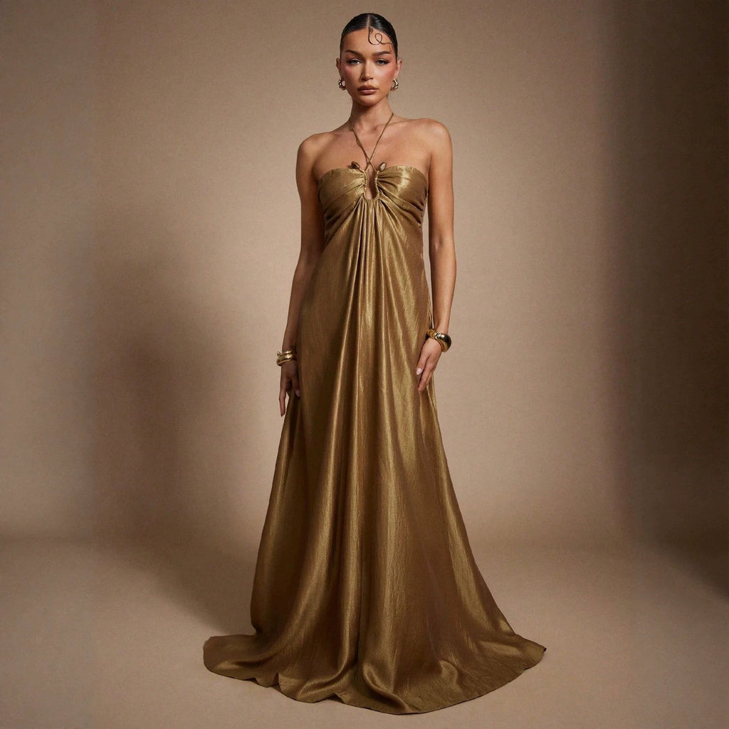 Vestido maxi de verano halter sin mangas, sin espalda, entallado que realza la figura, color sólido