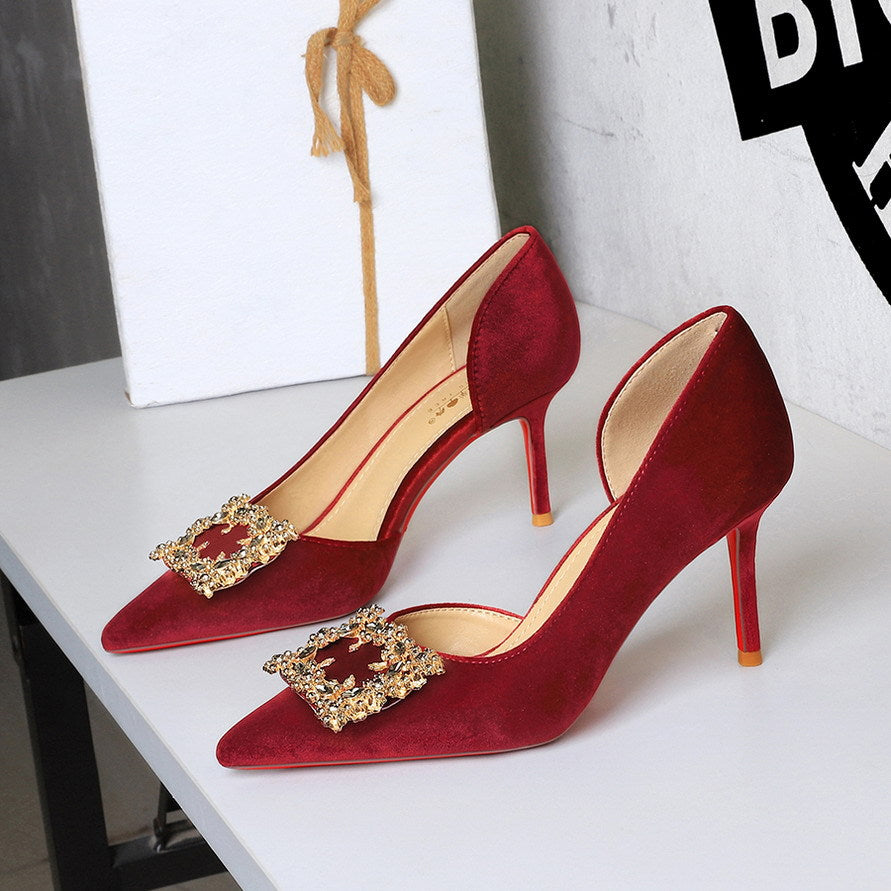 Women Super High Heel Sexy Pointed Toe Rhinestone Square Buckle Stiletto Women Shoes