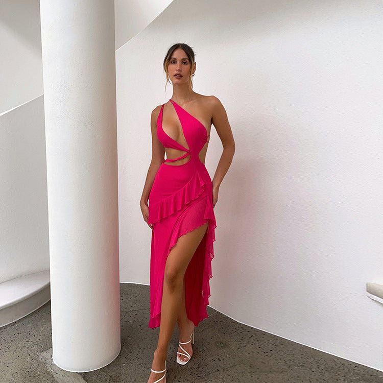 Robe d'été à bretelles françaises pour femme, robe maxi asymétrique fendue et à volants, sexy