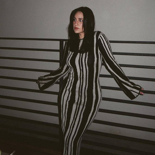 Vestido largo ajustado con rayas verticales y cuello redondo para mujer, ropa de otoño e invierno