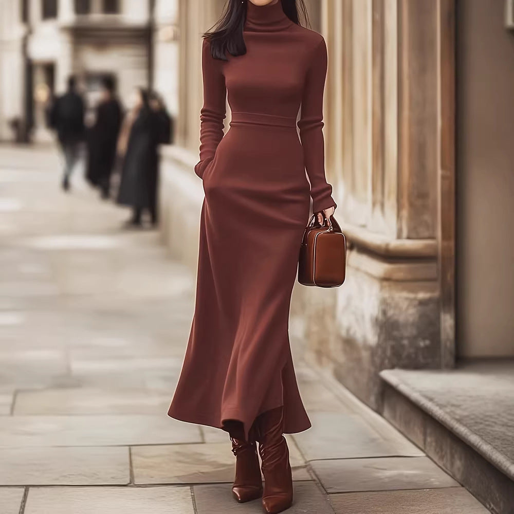 Spring Autumn Women Clothing High Collar Slim Fit Long Sleeves Knitted Dress