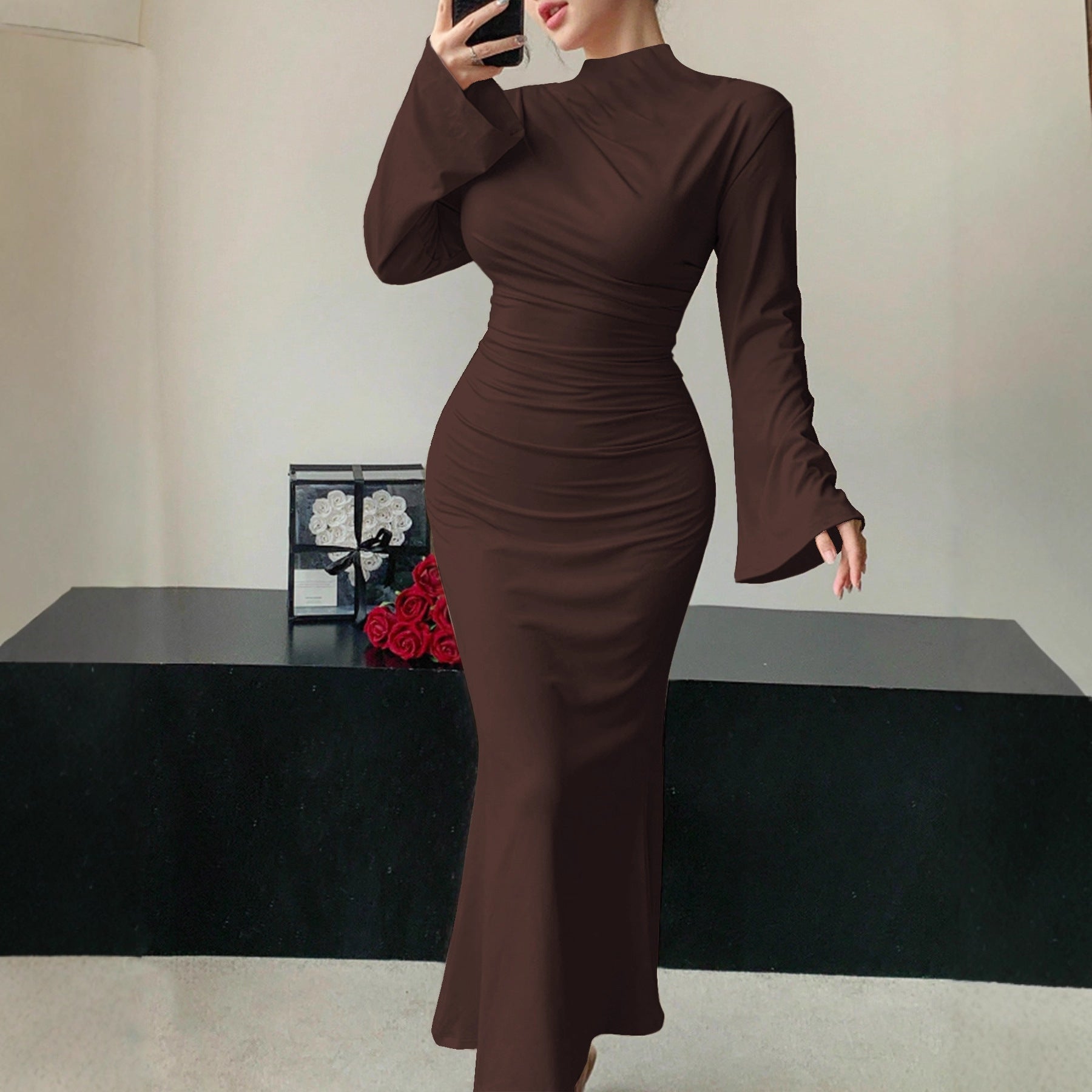 Sexy Minimalist Dress Slim Fit Wild Bell Sleeve Half Turtleneck Sheath Dress