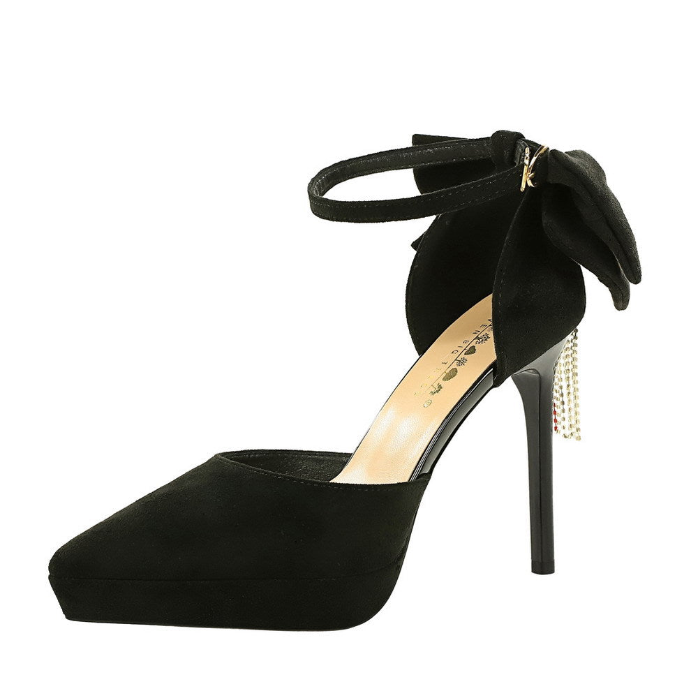 Cocktail Black Platform Pointed Toe Buckle Suede Back Bow Rhinestone Sandals