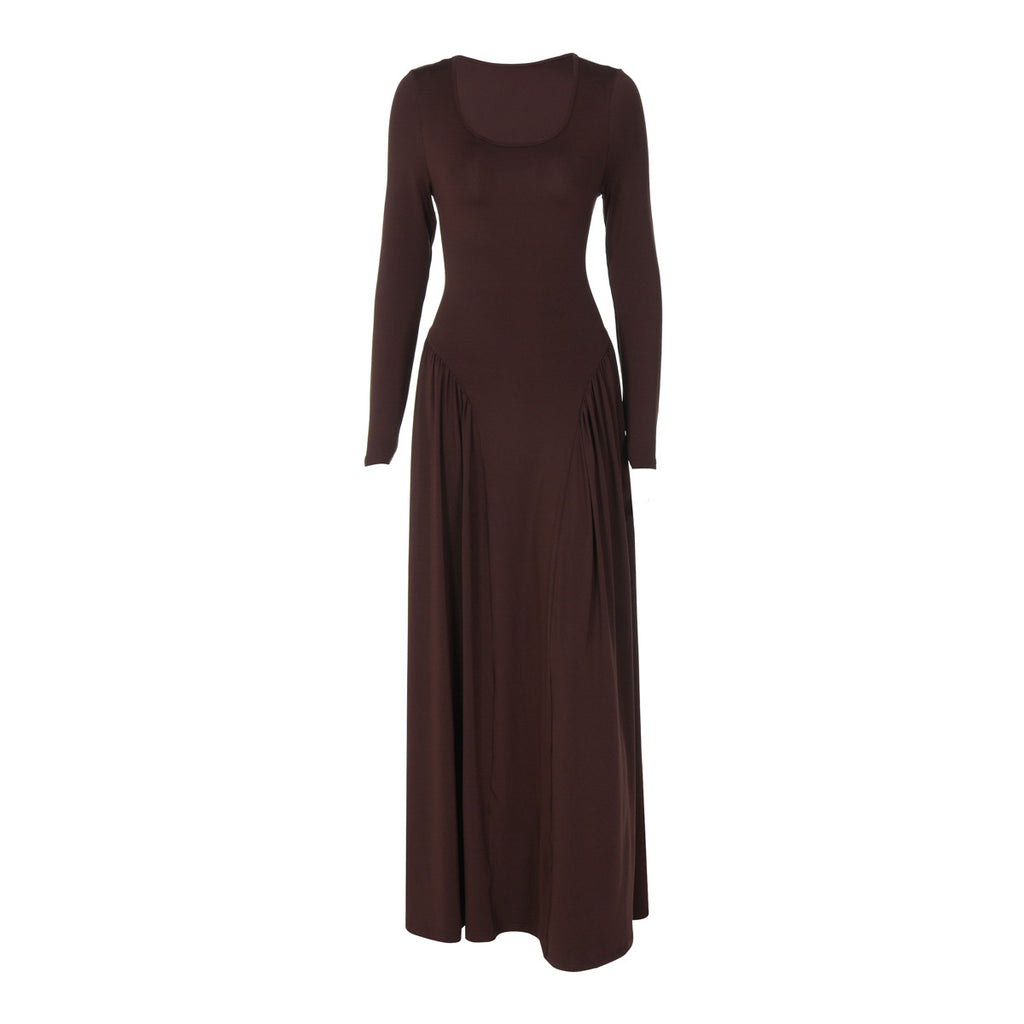 Robe d'automne pour femme, col en U, couleur unie, manches longues, taille cintrée