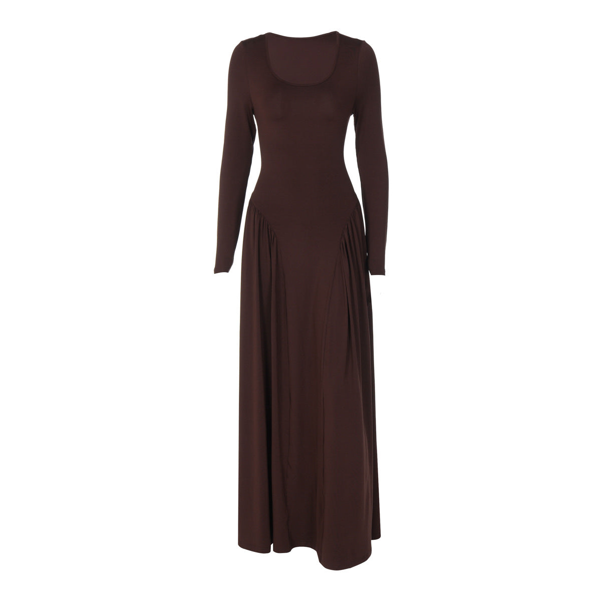 Robe d'automne pour femme, col en U, couleur unie, manches longues, taille cintrée