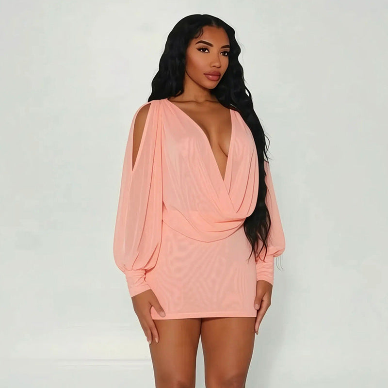 Women Clothing Summer Solid Color Casual Long Sleeves Draped Collar Backless Slim Fit Lace up Short Dress