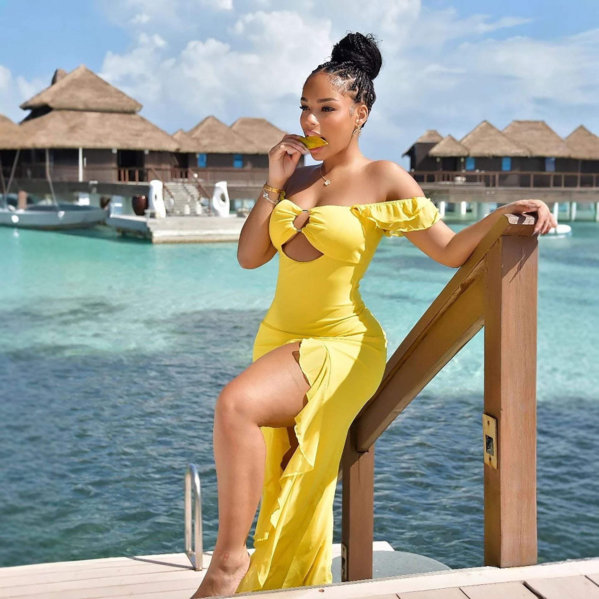 Robe d'été sexy pour femme, épaules dénudées, bustier, découpes ajourées, coupe ajustée et fendue