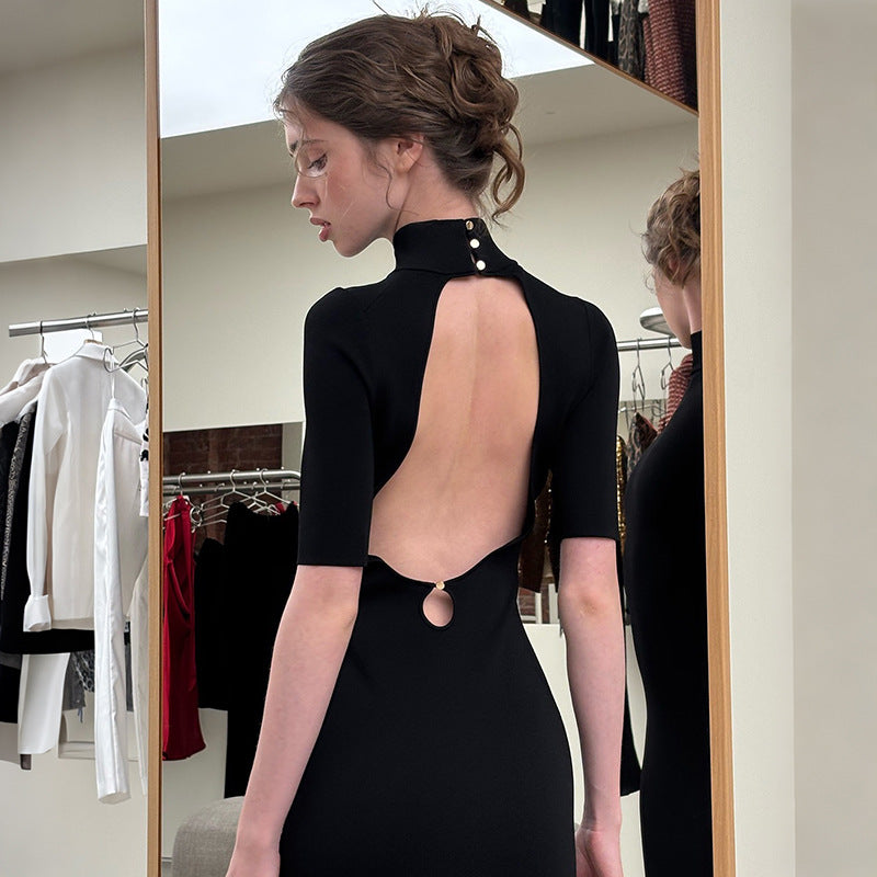 Summer Women Clothing French Half Turtleneck Backless Waist Trimming Dress