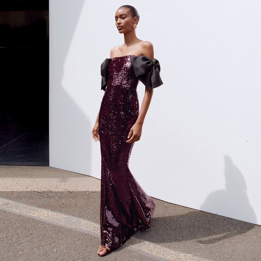 Robe de soirée longue couleur café à sequins multicolores, épaules dénudées, nœud noir, robe cocktail sirène