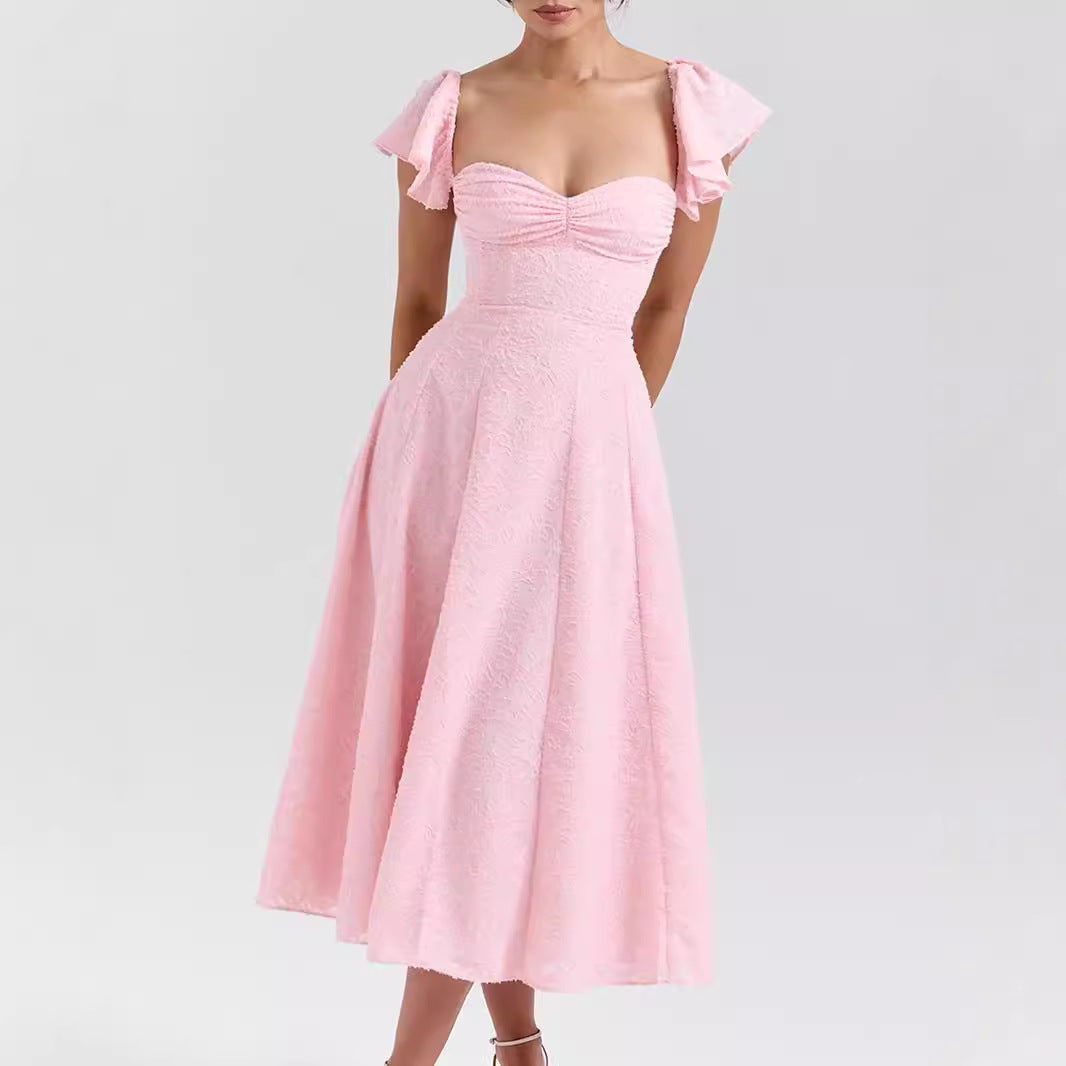 Vestido francés rosa sexy con escote cuadrado, cintura ajustada, espalda descubierta y largo medio para mujer