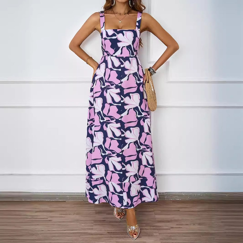 Robe d'été élégante à bretelles et imprimé floral, style trapèze, décontractée et à bretelles pour femme