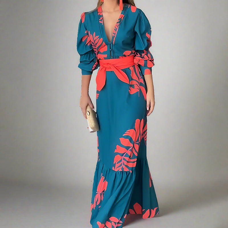 Women Clothing Elegant Printing Lace up Waist Bubble Long Sleeve Dress