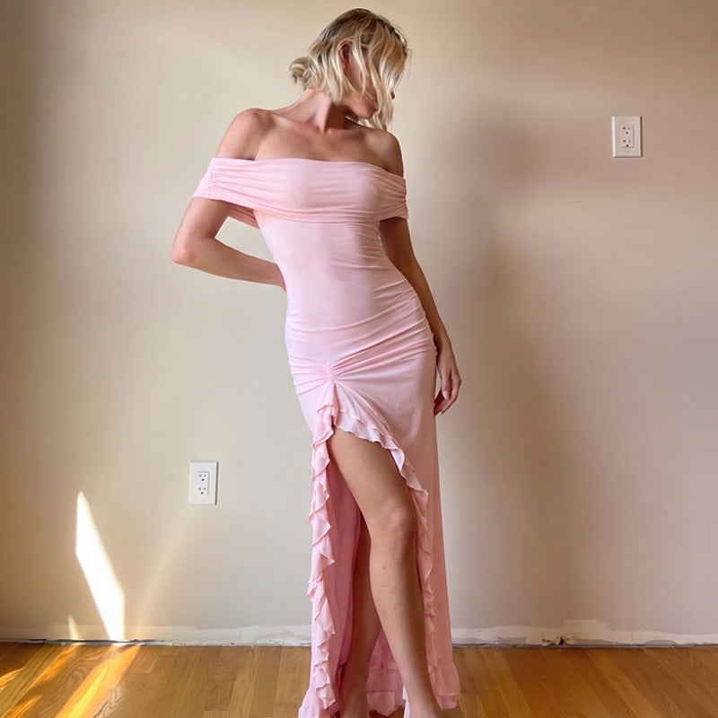 Summer off Neck Solid Color Strapless Sexy Split Ruffled Dress Women