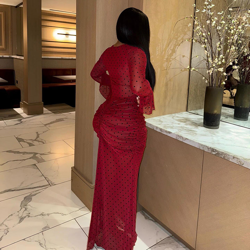 Vestido elegante de cóctel ajustado con manga larga y cuello redondo con estampado de lunares y plisado para mujer