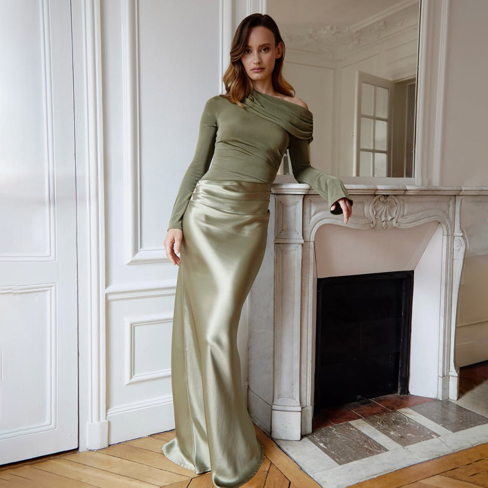 Vêtements pour femmes Mori Adulte Femme élégante Robe formelle Col diagonal Manches longues Coupe ajustée Robe queue de poisson sexy