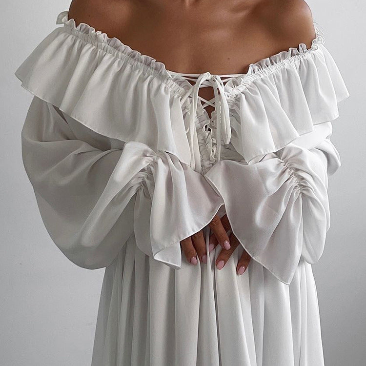 Vestido de gasa con cuello en V, mangas acampanadas y cordón, diseño asimétrico, vestido blanco informal largo de corte A