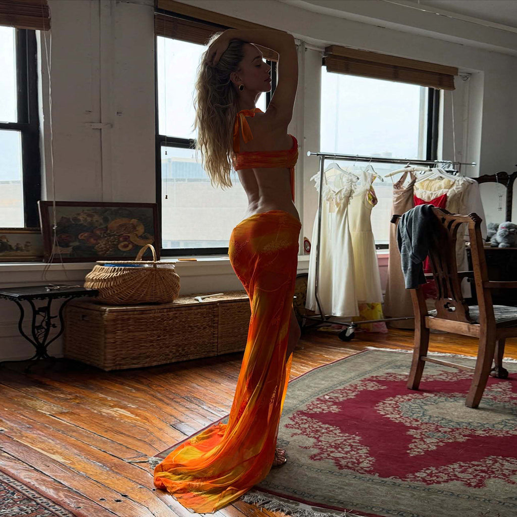 Vestido de primavera para mujer, con tirantes, costuras de personalidad, de malla transparente y abertura sexy.