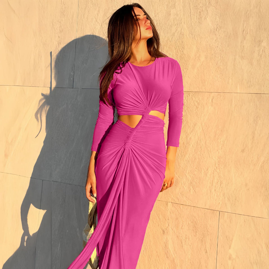 Autumn Winter Women Clothing Fashionable Pleated round Neck High Slit Slim Fit Long Sleeved Dress