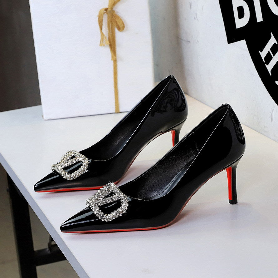 Sexy Red Background Patent Leather Rhinestone V Buckle Decorative Pointed Low Cut Slip on Stiletto Heel