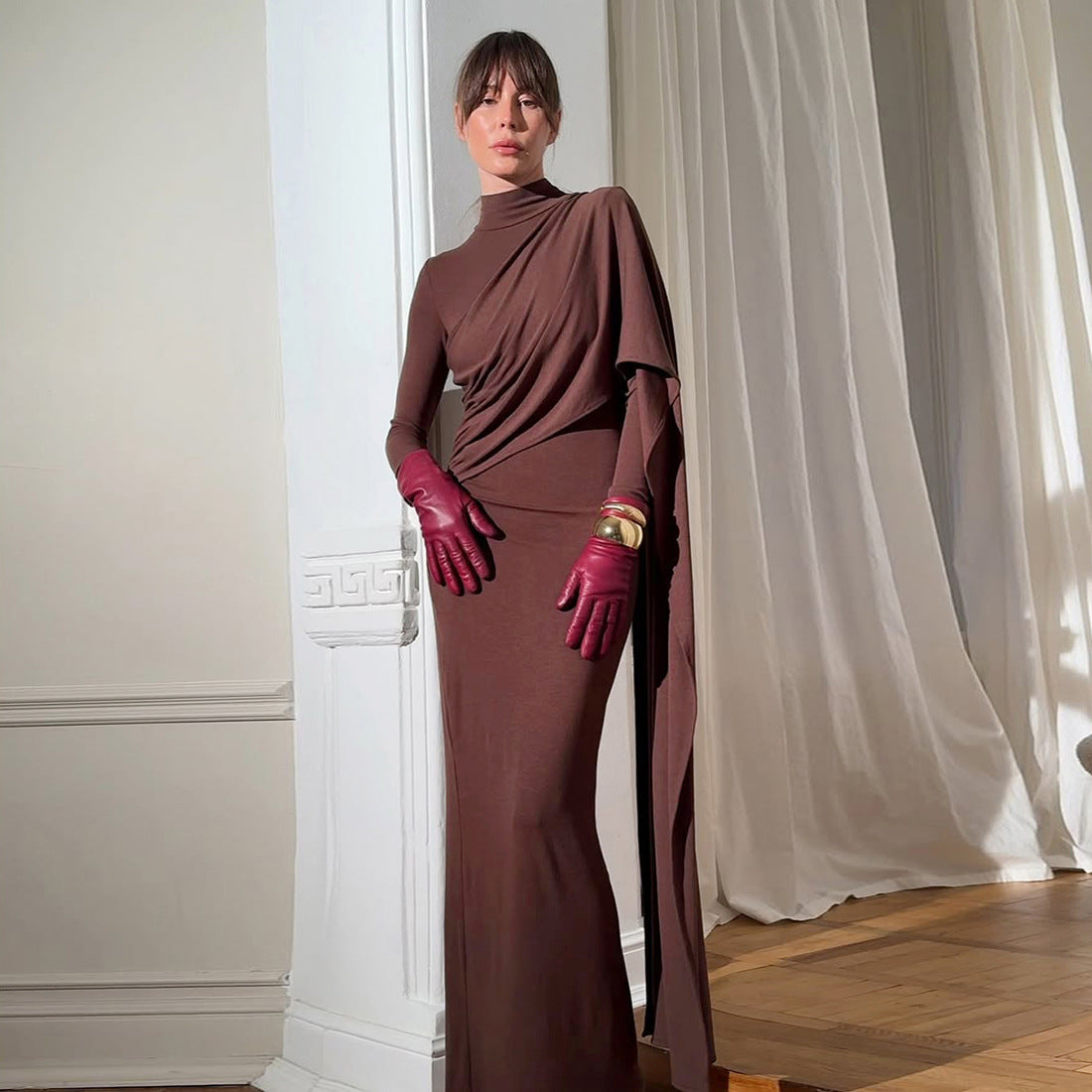 Women Wear Autumn Solid Color Elegant Lady Turtleneck Long Sleeve Tight Waist Sheath Ribbon Dress