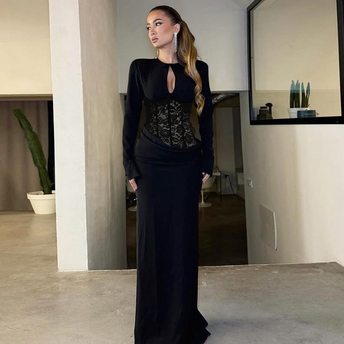 Autumn Winter Women Solid Color Sexy round Neck Lace Hollow Out Cutout Slim Sheath Dress