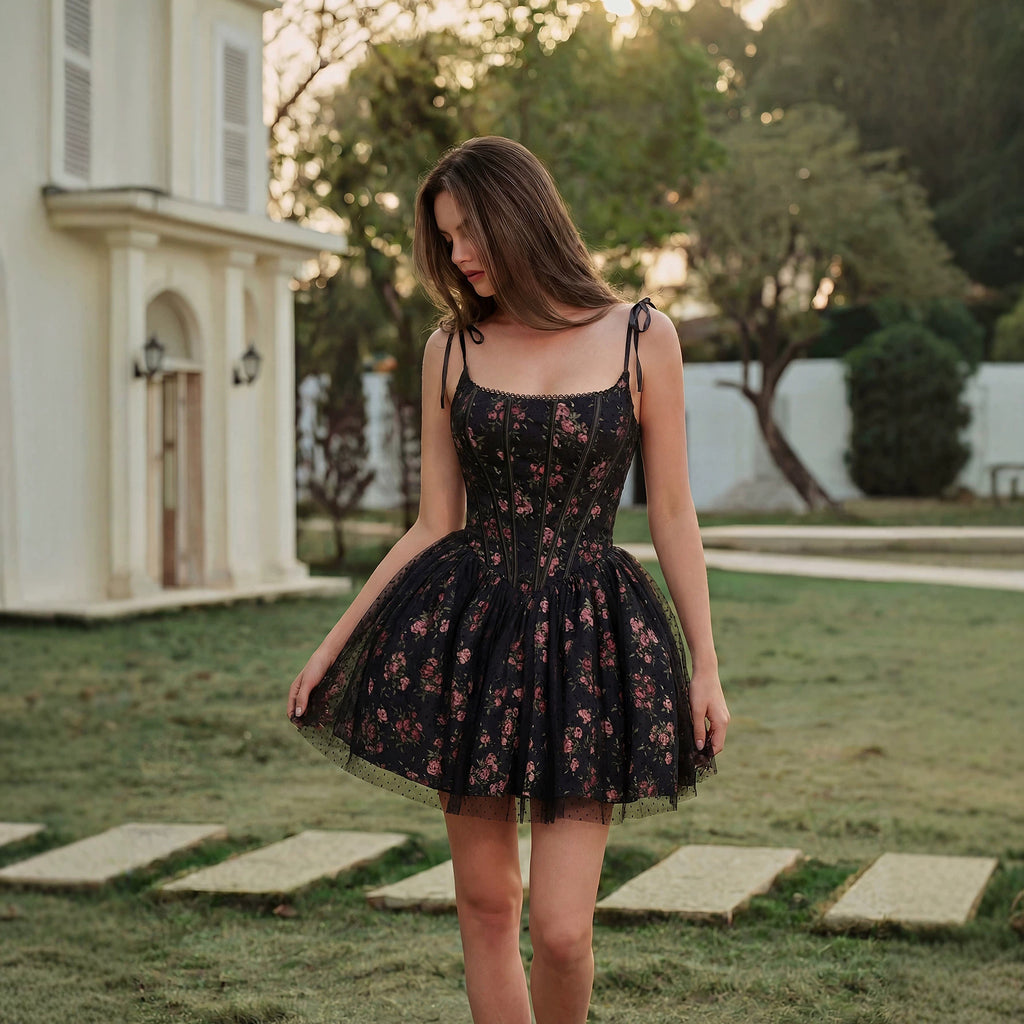 Black Shivering Suspenders Puff Short Princess Dress Tight Waist Boning Corset Corset Evening Dress