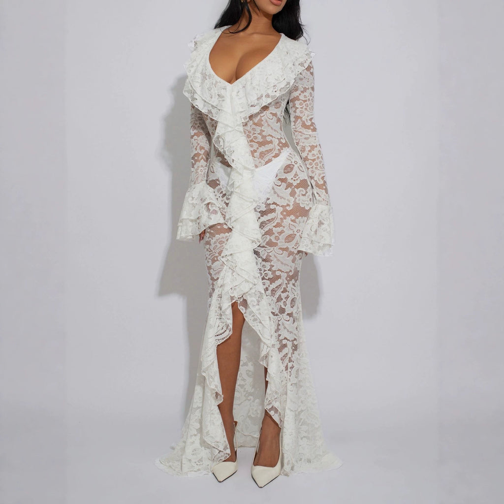 Women Clothing Sexy See through Lace V neck Long Sleeve Lace Dress Gown