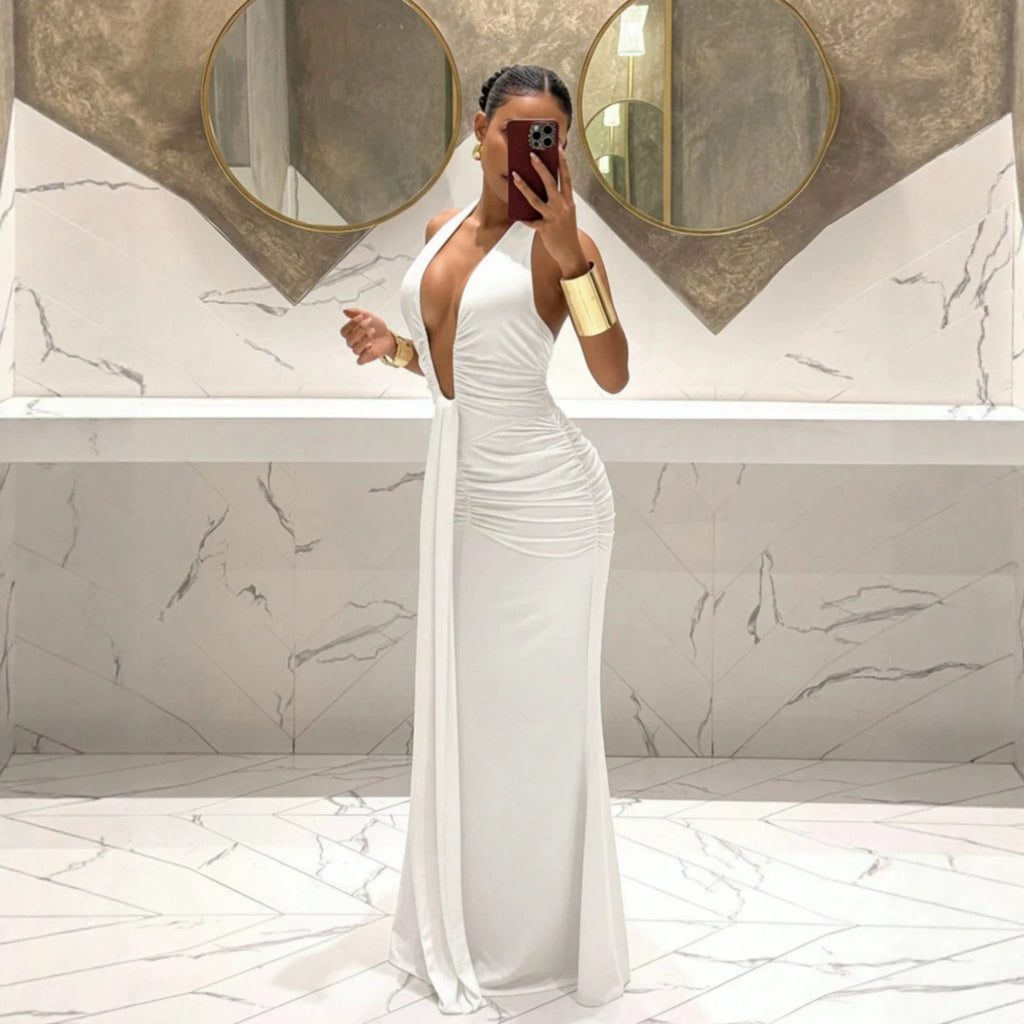 Women Halter Deep V Plunge Pleated Slim Fit Mopping Dress Slimming Sheath Fishtail Dress