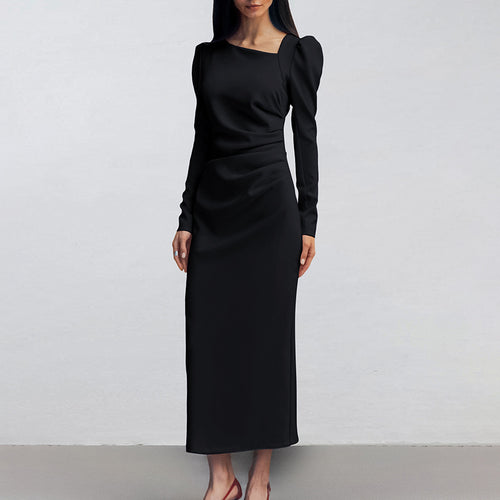 Autumn Casual Elegant Irregular Asymmetric Collar Puff Sleeve Tight Split Dress Khaki Maxi Dress