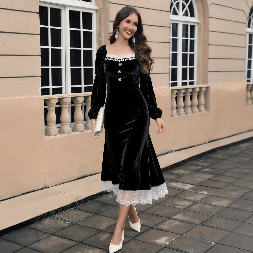 Robe longue élégante en velours noir Hepburn Wind pour femme, automne-hiver, cintrée à la taille.