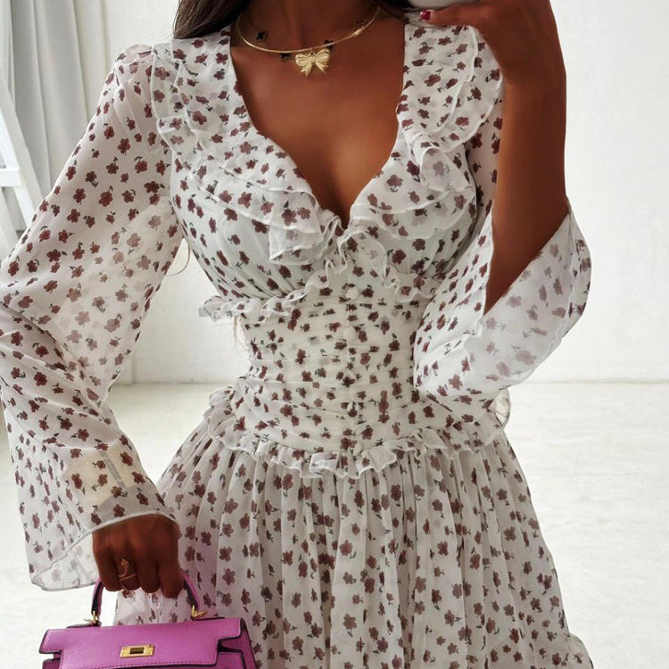 Robe élégante imprimée numérique pour femme, col V, manches longues, volants, taille haute, laçage, coupe trapèze